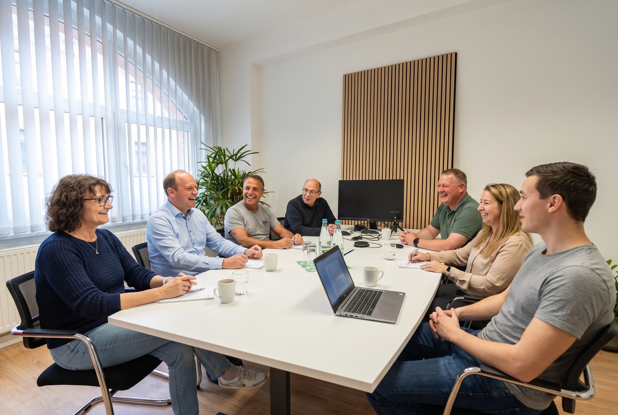 Kolleginnen und Kollegen sitzen lächelnd an einem Konferenztisch bei einer Besprechung im Büro.